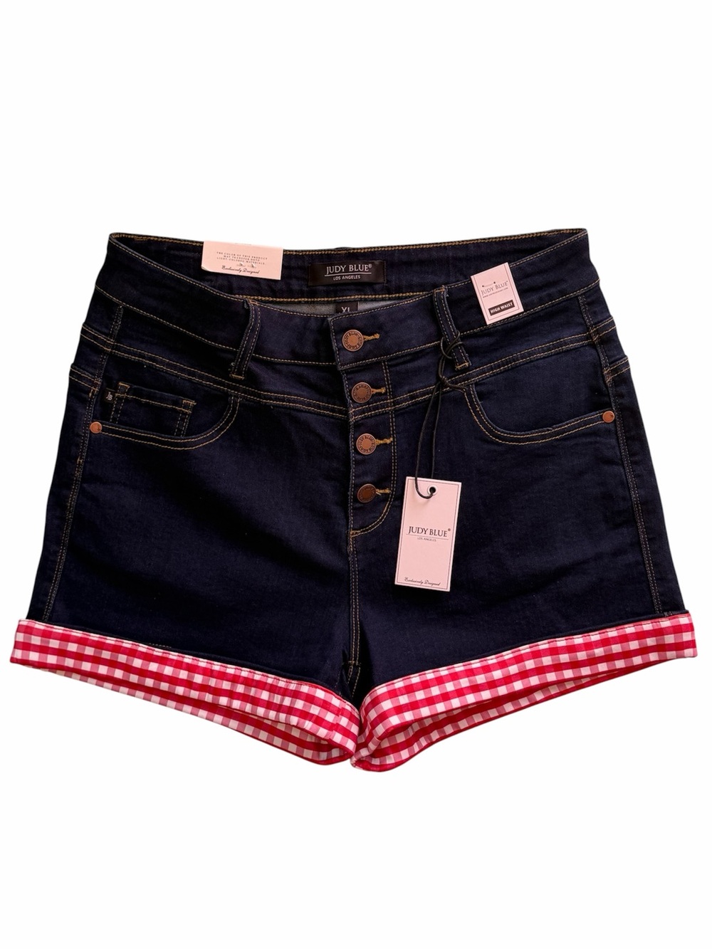 Judy Blue JB1560 Dark Blue Jeans Shorts Roll up Red Gingham Check Cuff NWT XL